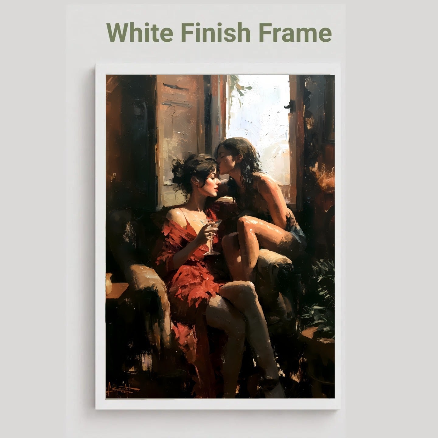 A framed art print featuring a classical painting of two women in a dimly lit interior, displayed against a light gray background with the text 'White Finish Frame' at the top.
