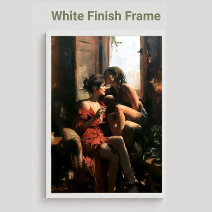 A framed art print featuring a classical painting of two women in a dimly lit interior, displayed against a light gray background with the text 'White Finish Frame' at the top.