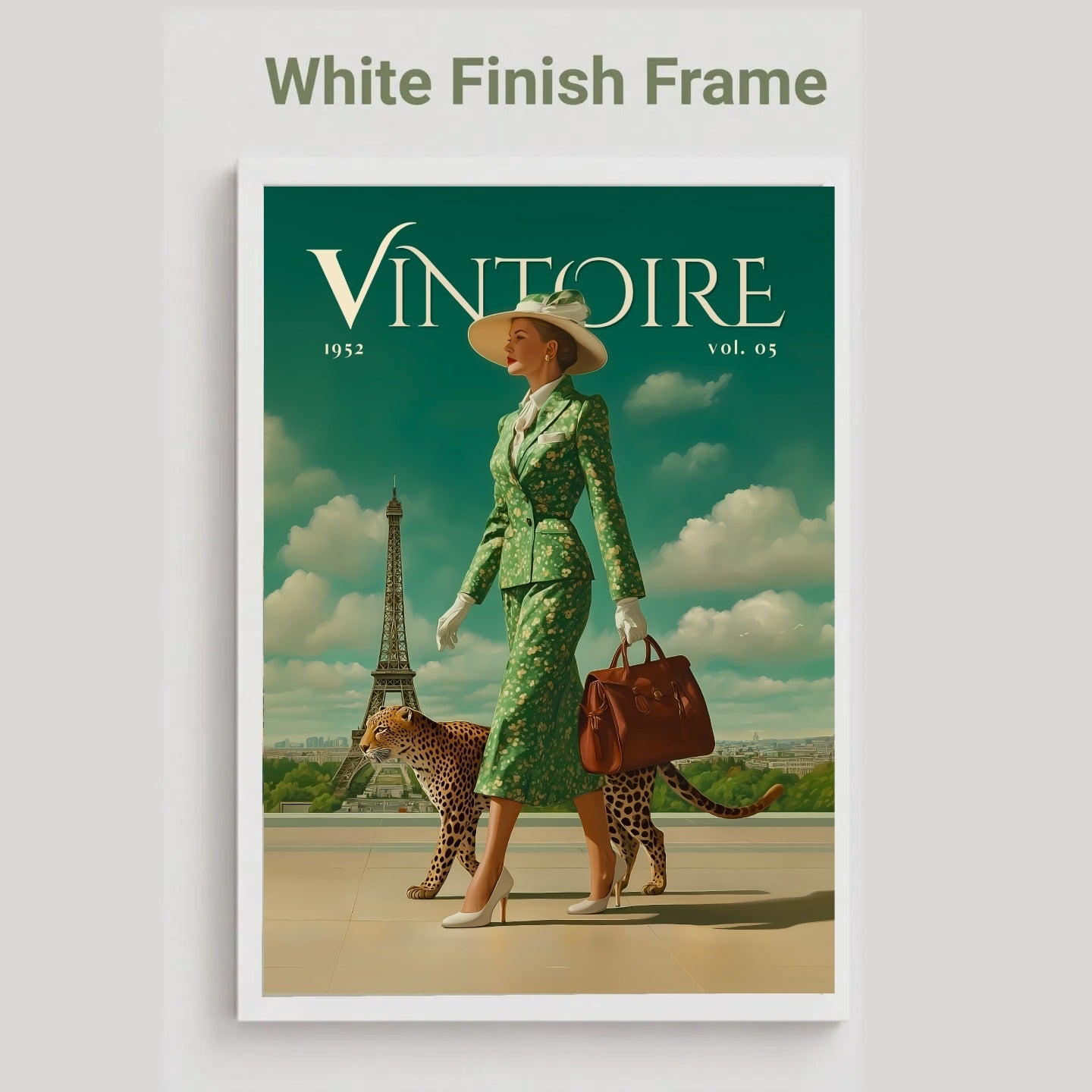 A framed art print featuring a retro 1950s illustration of a woman in a green patterned suit walking with two cheetahs near the Eiffel Tower, under a teal sky. The frame is white, and the image is labeled 'White Finish Frame' at the top on a light gray background.