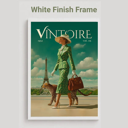 A framed art print featuring a retro 1950s illustration of a woman in a green patterned suit walking with two cheetahs near the Eiffel Tower, under a teal sky. The frame is white, and the image is labeled 'White Finish Frame' at the top on a light gray background.