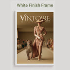 A framed art print featuring a vintage fashion magazine cover titled 'VINTOIRE' with a woman in a long beige dress walking with a leopard on a runway. The print is presented in a white frame against a light gray background, with the text 'White Finish Frame' above it.