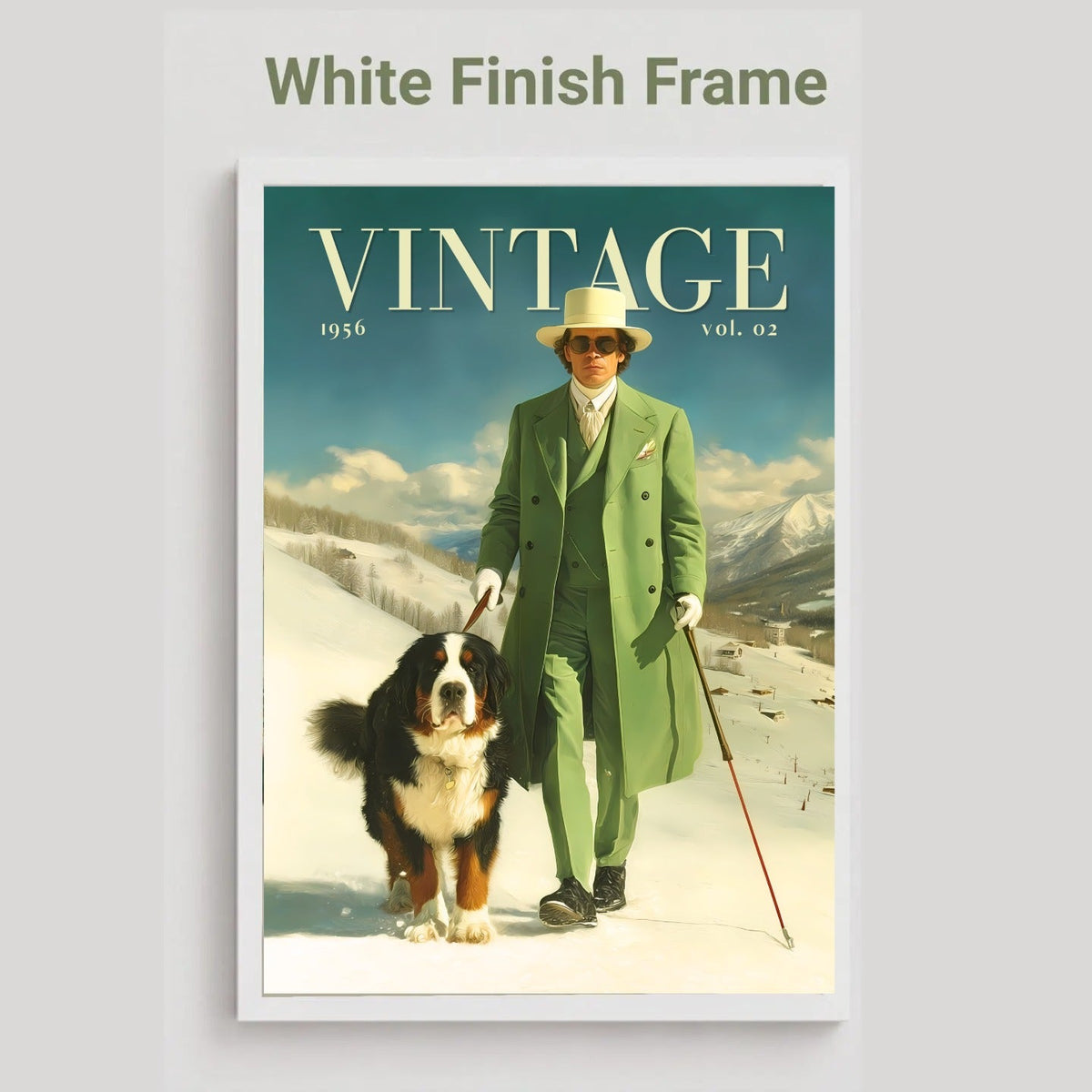 A vintage-style framed magazine cover or poster print on a light gray background. The artwork shows a man in a green coat walking with a Bernese mountain dog in a snowy landscape under a blue sky, with the large word 'VINTAGE' at the top.