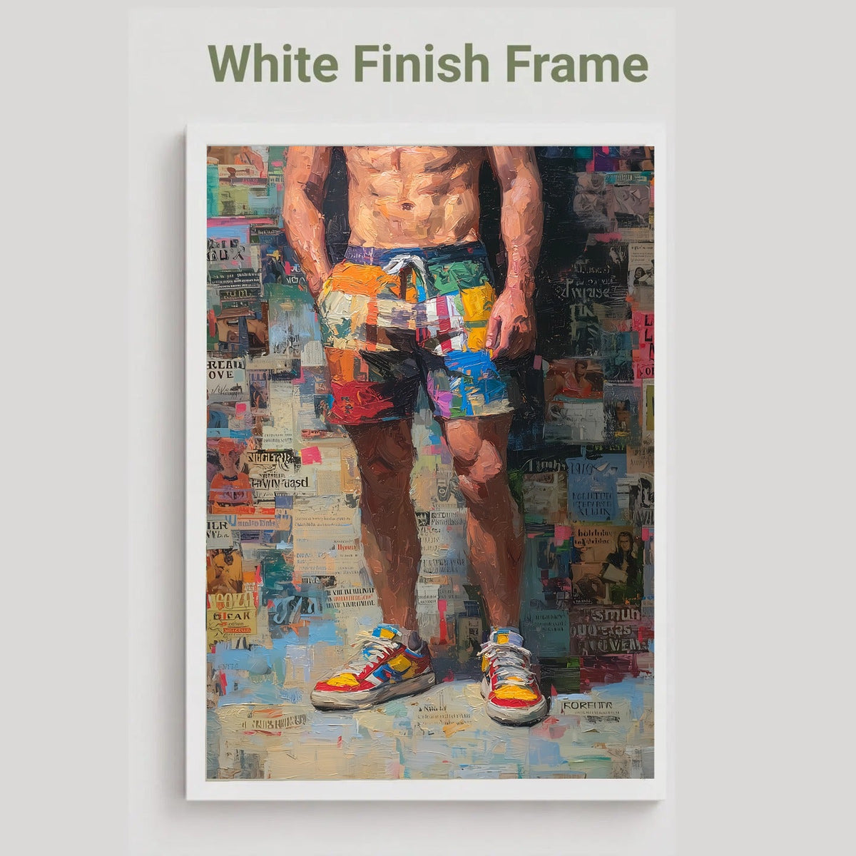 Front Page print in a white frame finish, labelled White Finish Frame, showing a man in colourful patchwork shorts and trainers against a magazine collage background.