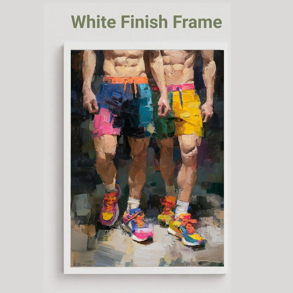 Two of a Kind gay couple print in the white finish frame option, two men in colourful shorts and running trainers, labelled White Finish Frame