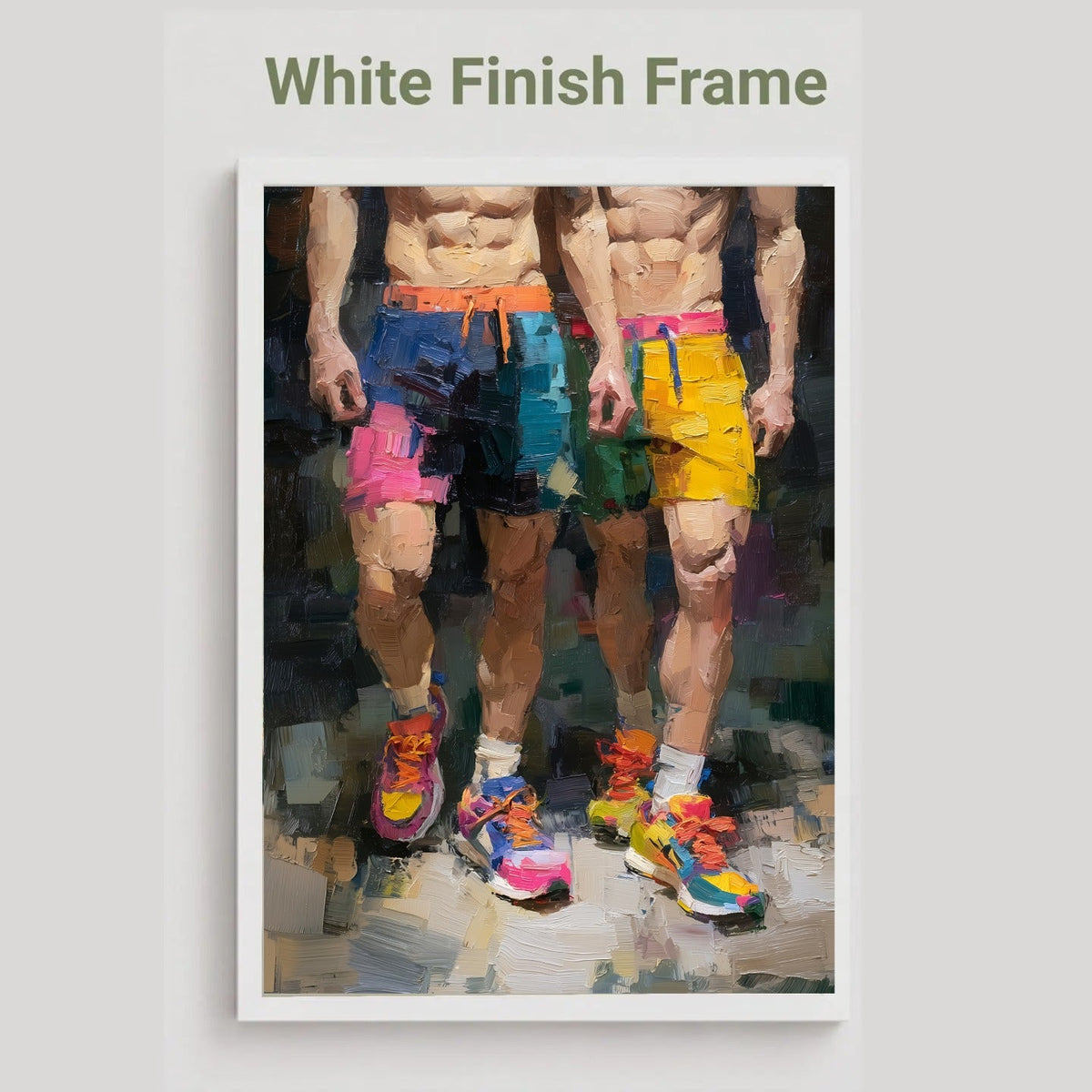 Two of a Kind gay couple print in the white finish frame option, two men in colourful shorts and running trainers, labelled White Finish Frame