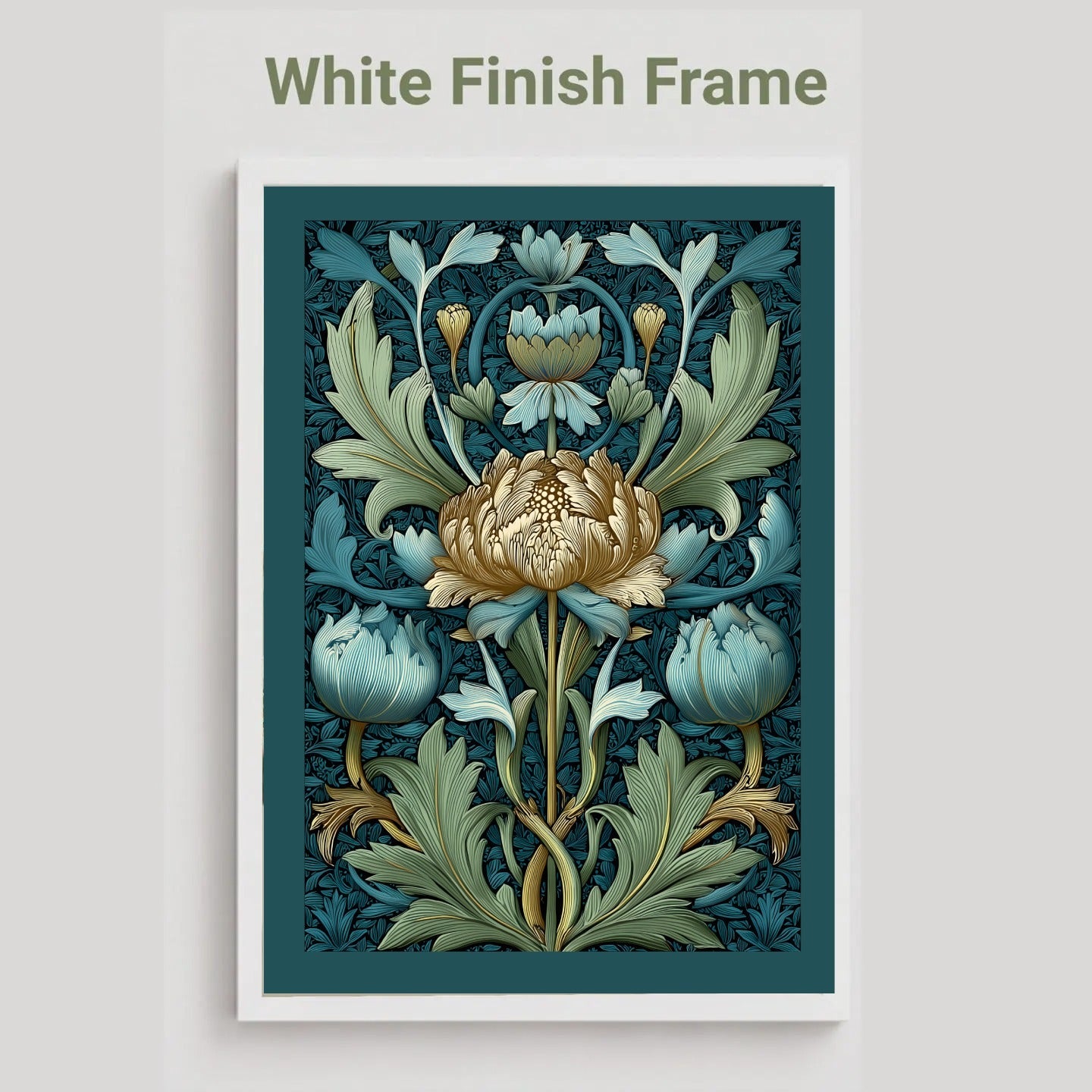 A framed art print featuring a William Morris-style floral design in teal, blue, green, and gold tones, shown with a white frame on a light gray background. Text at the top reads 'White Finish Frame'.