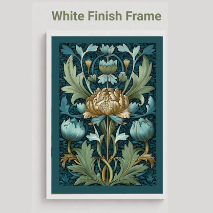A framed art print featuring a William Morris-style floral design in teal, blue, green, and gold tones, shown with a white frame on a light gray background. Text at the top reads 'White Finish Frame'.