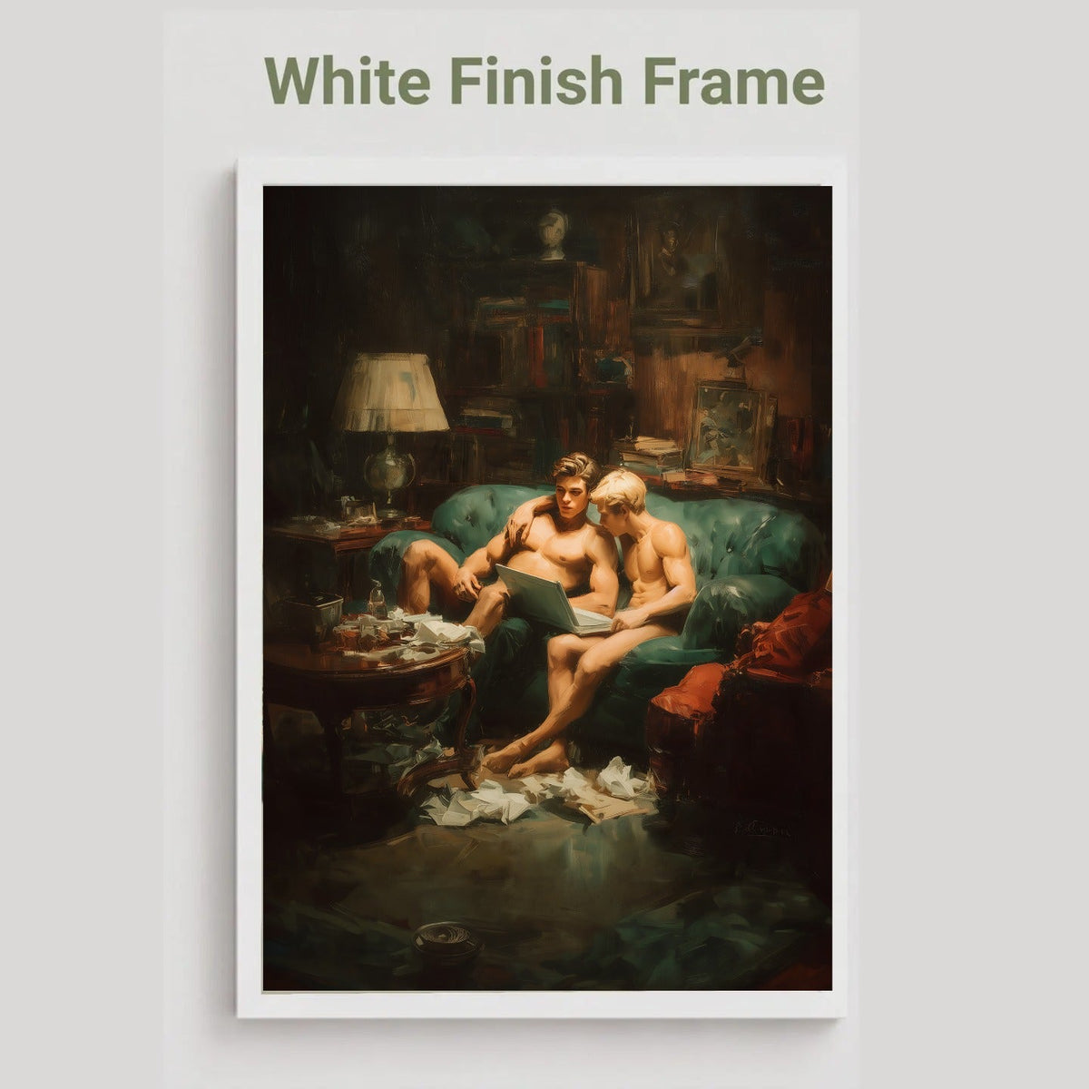 A framed art print featuring a dark, classical painting of two nude men reclining on a green sofa in a dimly lit room. The print is presented with a white border and the text 'White Finish Frame' above it, set against a light gray background.