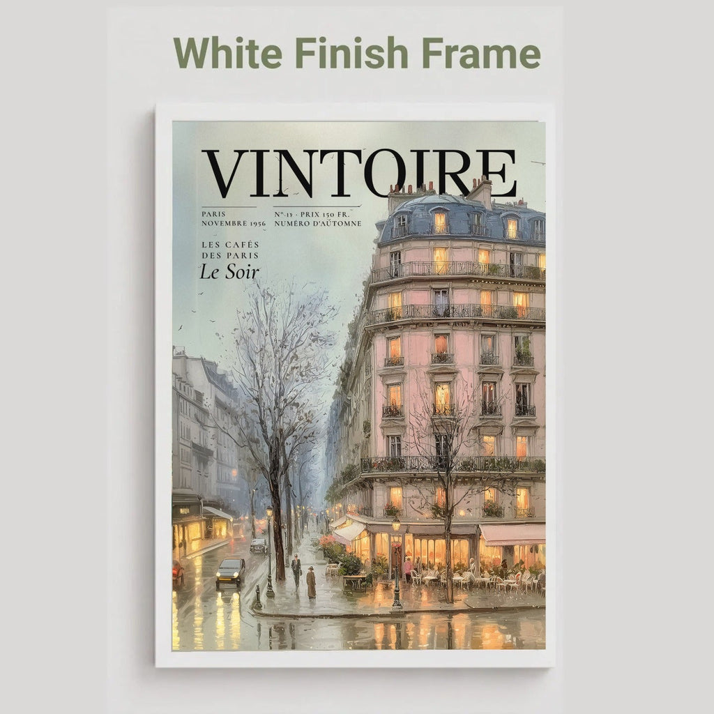 A framed art print featuring a Parisian street scene at night with warm glowing windows and a large building, shown against a light gray background with the text 'White Finish Frame' above it.