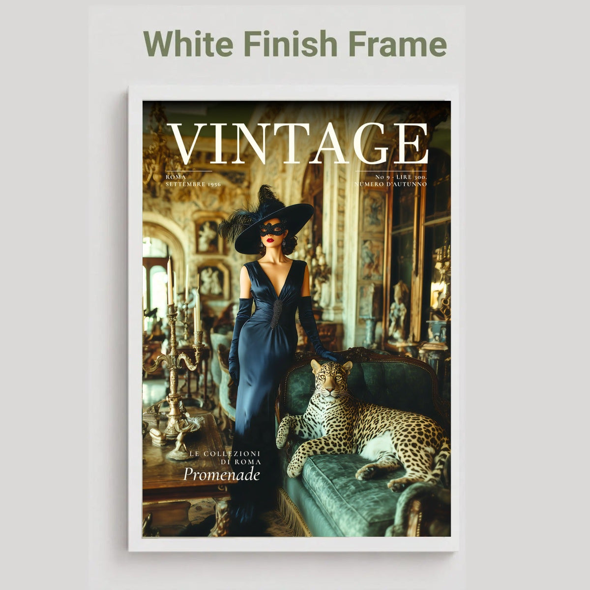 A vintage-style framed poster or magazine cover mockup on a light gray background. The central printed artwork shows a woman in a dark blue dress and hat standing beside a leopard in an ornate interior, with the large word VINTAGE across the top.