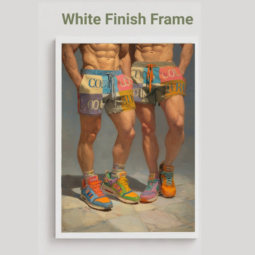 A framed art print featuring a painting of two men from the waist down wearing colorful shorts and sneakers, displayed on a light gray background with the text 'White Finish Frame' at the top.