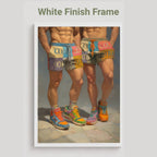 A framed art print featuring a painting of two men from the waist down wearing colorful shorts and sneakers, displayed on a light gray background with the text 'White Finish Frame' at the top.