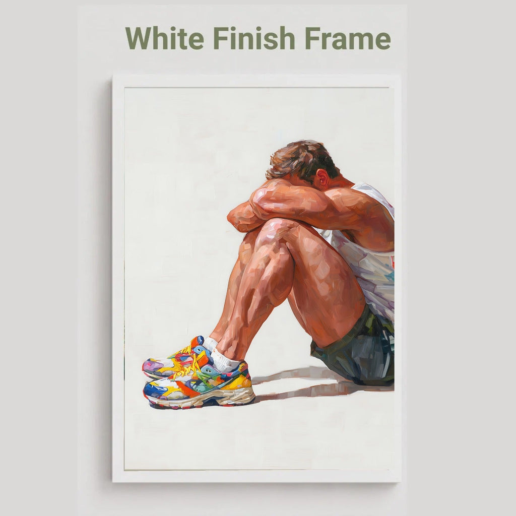 Rest gay art print in the white finish frame option, a seated man resting his head on his knees in colourful trainers, labelled White Finish Frame
