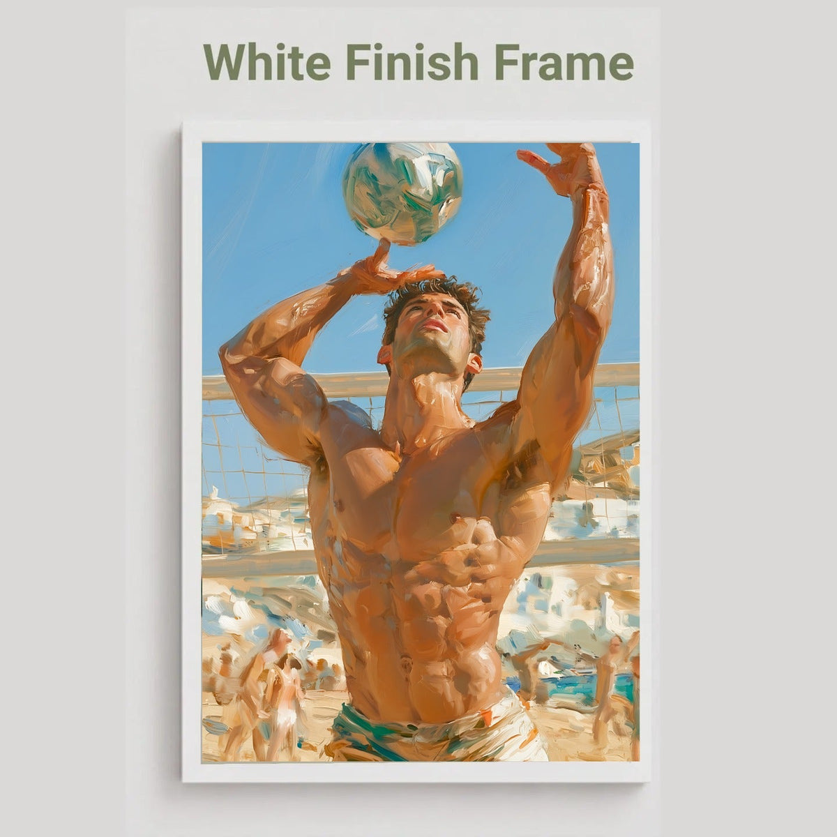 A framed art print featuring a muscular man balancing a soccer ball on his head on a beach, with the text 'White Finish Frame' above it, shown against a light gray background.