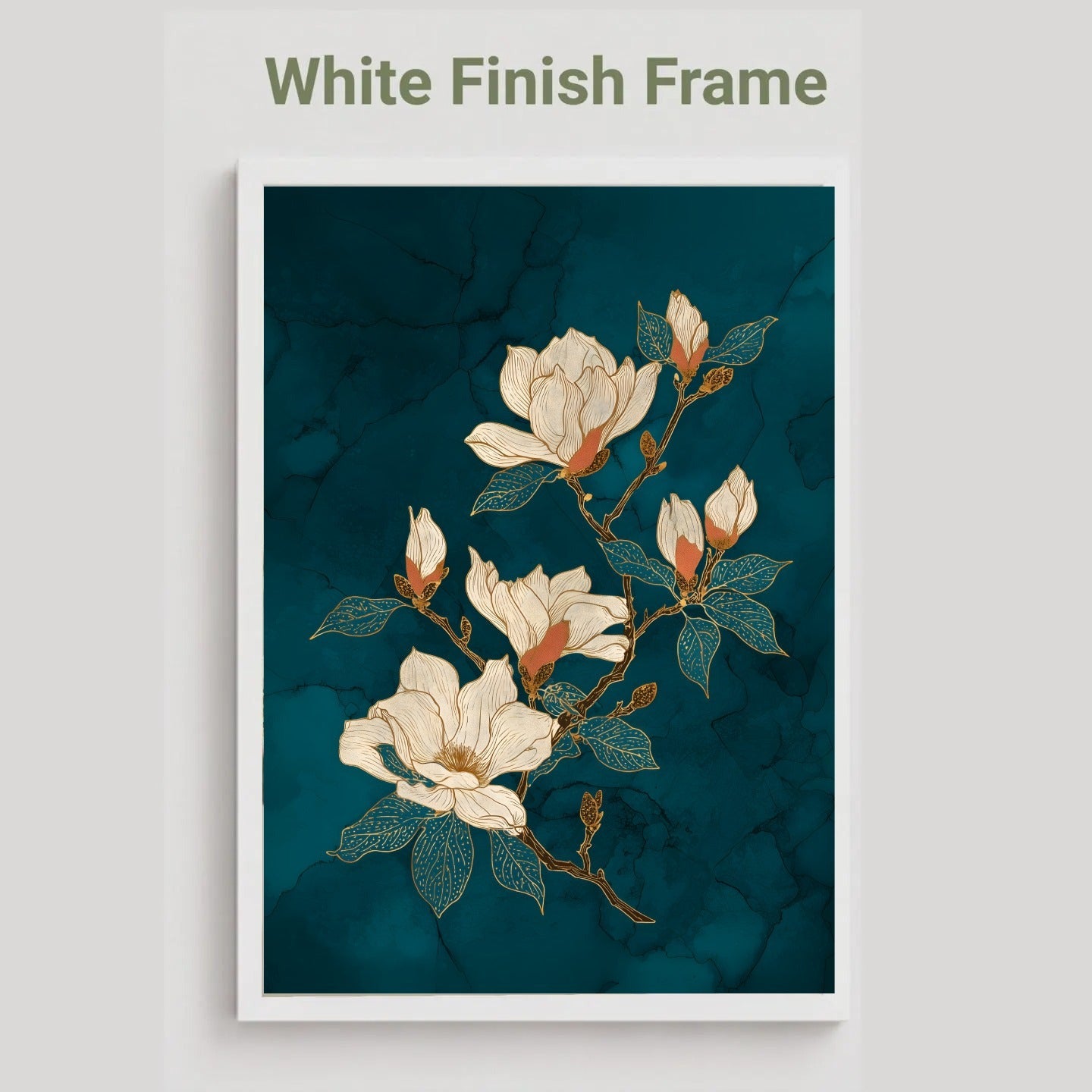 A framed floral art print featuring white magnolia blossoms on a dark teal marbled background, shown with a white frame and the text 'White Finish Frame' above it on a light gray background.