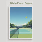 A framed art print featuring a minimalist vector illustration of a tennis court under a blue sky, with the text 'White Finish Frame' above it, displayed on a light gray background.