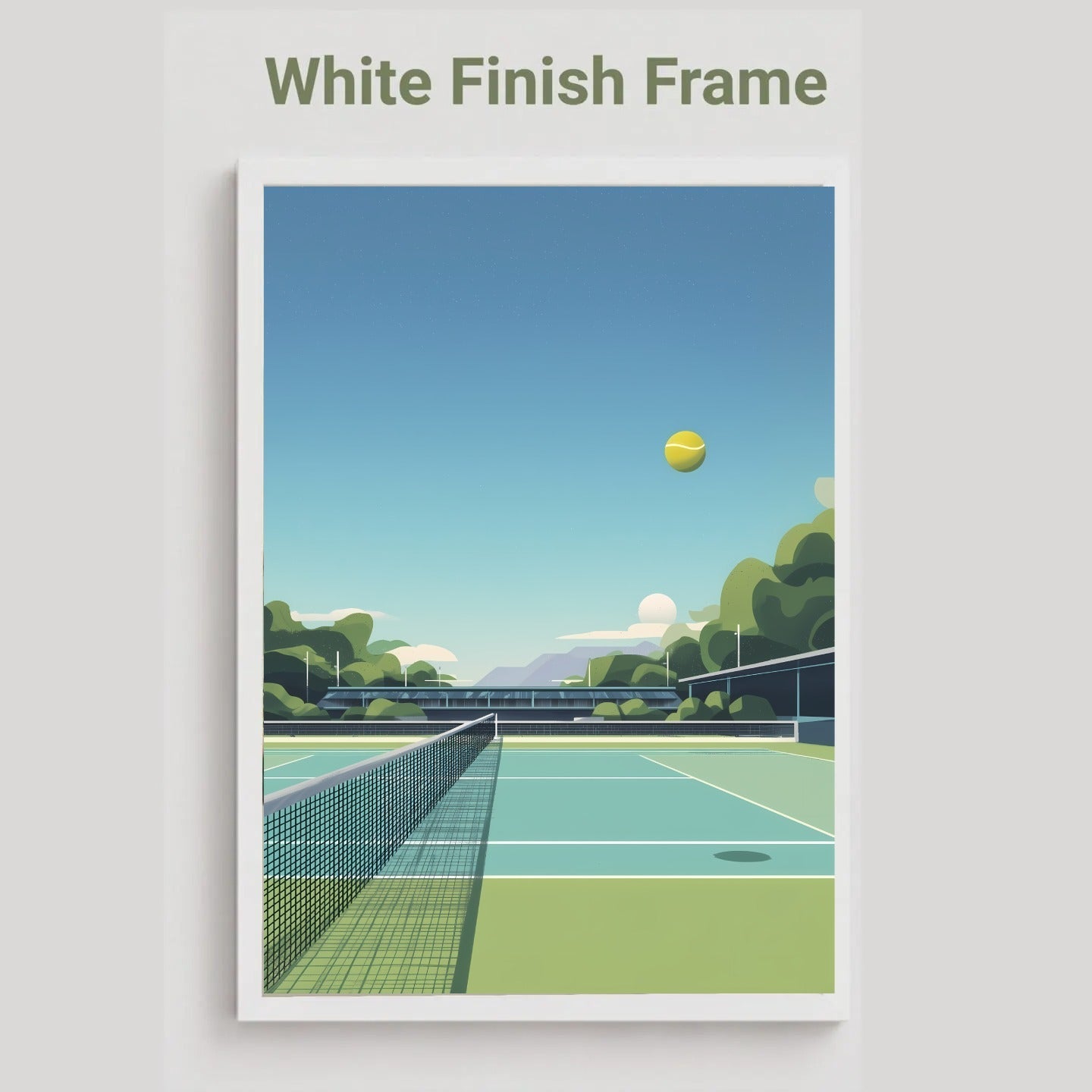 A framed art print featuring a minimalist vector illustration of a tennis court under a blue sky, with the text 'White Finish Frame' above it, displayed on a light gray background.
