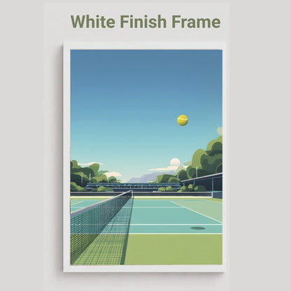 A framed art print featuring a minimalist vector illustration of a tennis court under a blue sky, with the text 'White Finish Frame' above it, displayed on a light gray background.