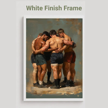 A framed art print featuring a classic oil painting of rugby players huddled together, displayed on a light gray background with the text 'White Finish Frame' at the top.
