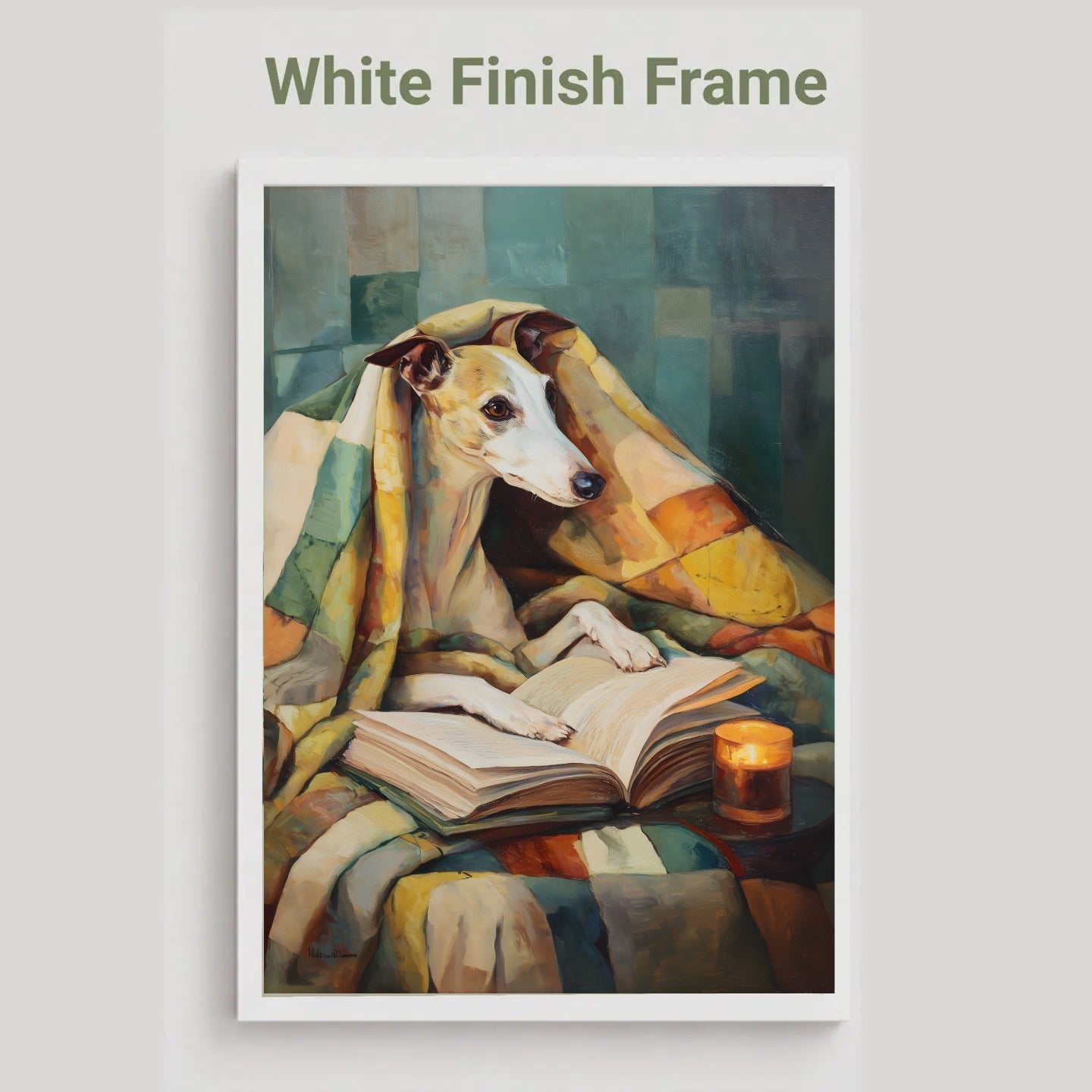 A framed art print featuring a stylized painting of a whippet dog wrapped in a plaid blanket and reading an open book, with a small candle. The print is shown with a white frame on a light gray background, with the text 'White Finish Frame' above it.