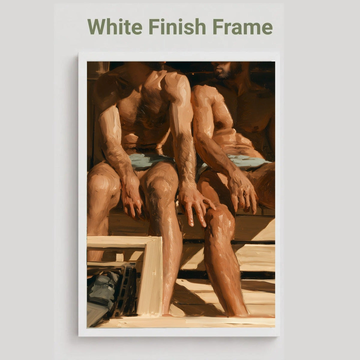 A framed art print featuring a painting of muscular men sitting on wooden steps, with the text 'White Finish Frame' above it, shown against a light gray background.