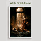 A framed art print featuring a classical painting of a figure standing by a window with light streaming in, shown with the text 'White Finish Frame' above it on a light gray background.