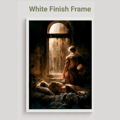 A framed art print featuring a classical painting of a figure standing by a window with light streaming in, shown with the text 'White Finish Frame' above it on a light gray background.