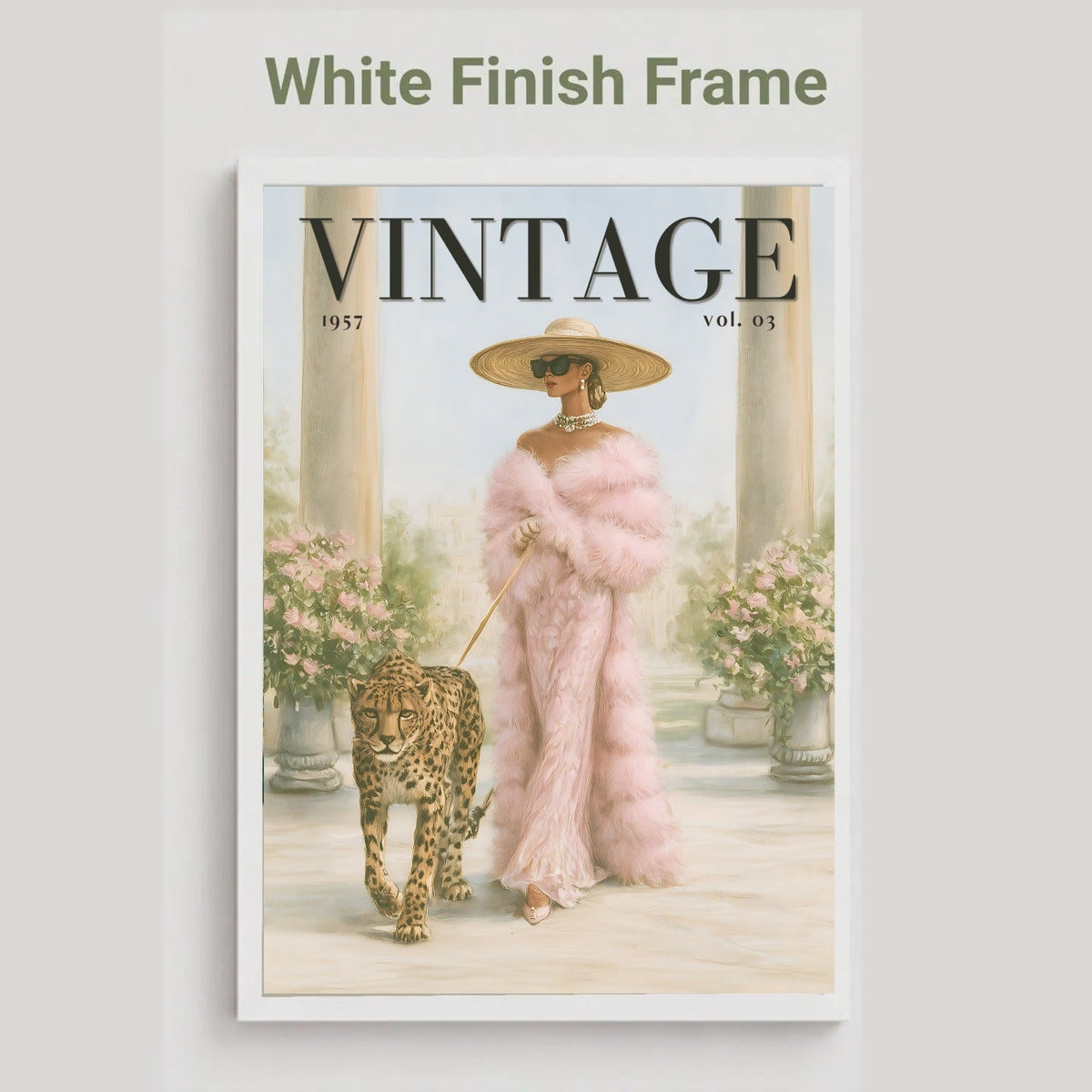 A vintage-style magazine cover mockup with the title VINTAGE, showing a woman in a pink fur coat walking a leopard in a garden. The cover is centered on a light gray background with the text 'White Finish Frame' above it.