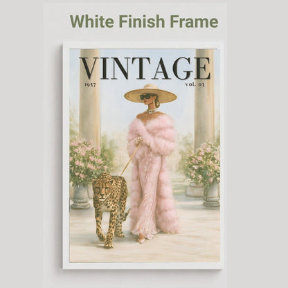 A vintage-style magazine cover mockup with the title VINTAGE, showing a woman in a pink fur coat walking a leopard in a garden. The cover is centered on a light gray background with the text 'White Finish Frame' above it.