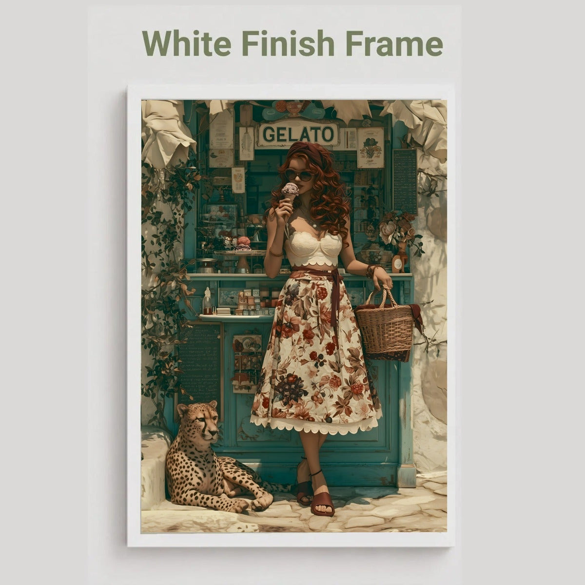 A framed art print featuring a vintage-style illustration of a woman in a floral dress standing in front of a teal gelato shop, with a leopard at her feet. The print is shown with a white border and the text 'White Finish Frame' above it on a light gray background. Vintage, maximalist, eclectic wall art.