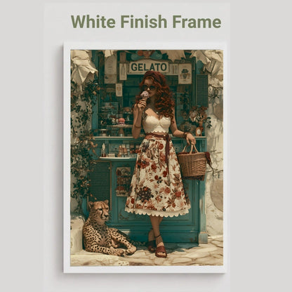 A framed art print featuring a vintage-style illustration of a woman in a floral dress standing in front of a teal gelato shop, with a leopard at her feet. The print is shown with a white border and the text 'White Finish Frame' above it on a light gray background. Vintage, maximalist, eclectic wall art.