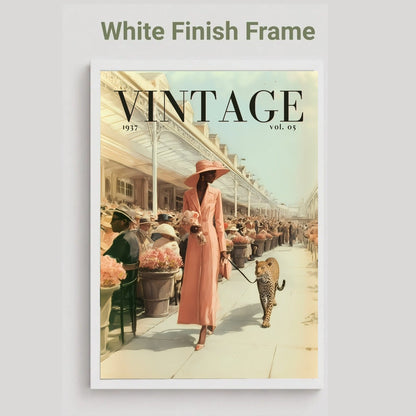 A vintage-style framed poster or print featuring a woman in a long pink dress and hat walking a leopard on a sidewalk, with large 'VINTAGE' text at the top. The frame is white, and the image is shown against a light gray background with the text 'White Finish Frame' above.