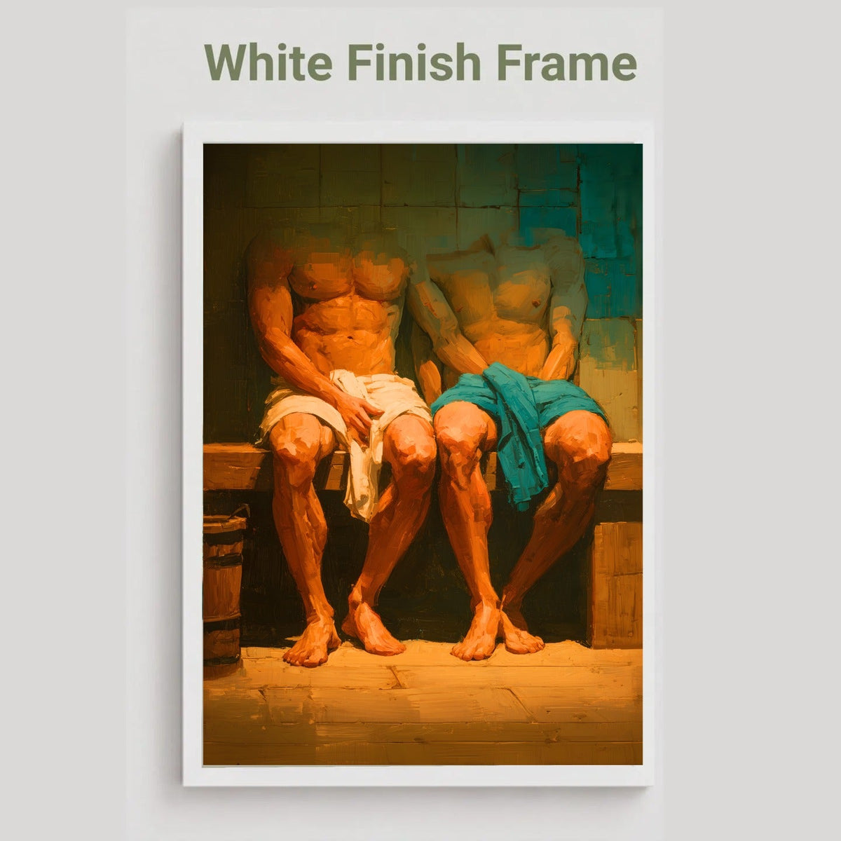 A framed art print featuring a warm-toned painting of two shirtless men sitting on a bench, with one draped in white and the other in teal. The print is shown with a white border and the text 'White Finish Frame' above it on a light gray background.