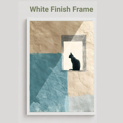 A framed wall art print featuring a black cat silhouette sitting in a window opening against a textured beige and blue wall. The print is shown in a white frame, with the text 'White Finish Frame' above it on a light gray background.
