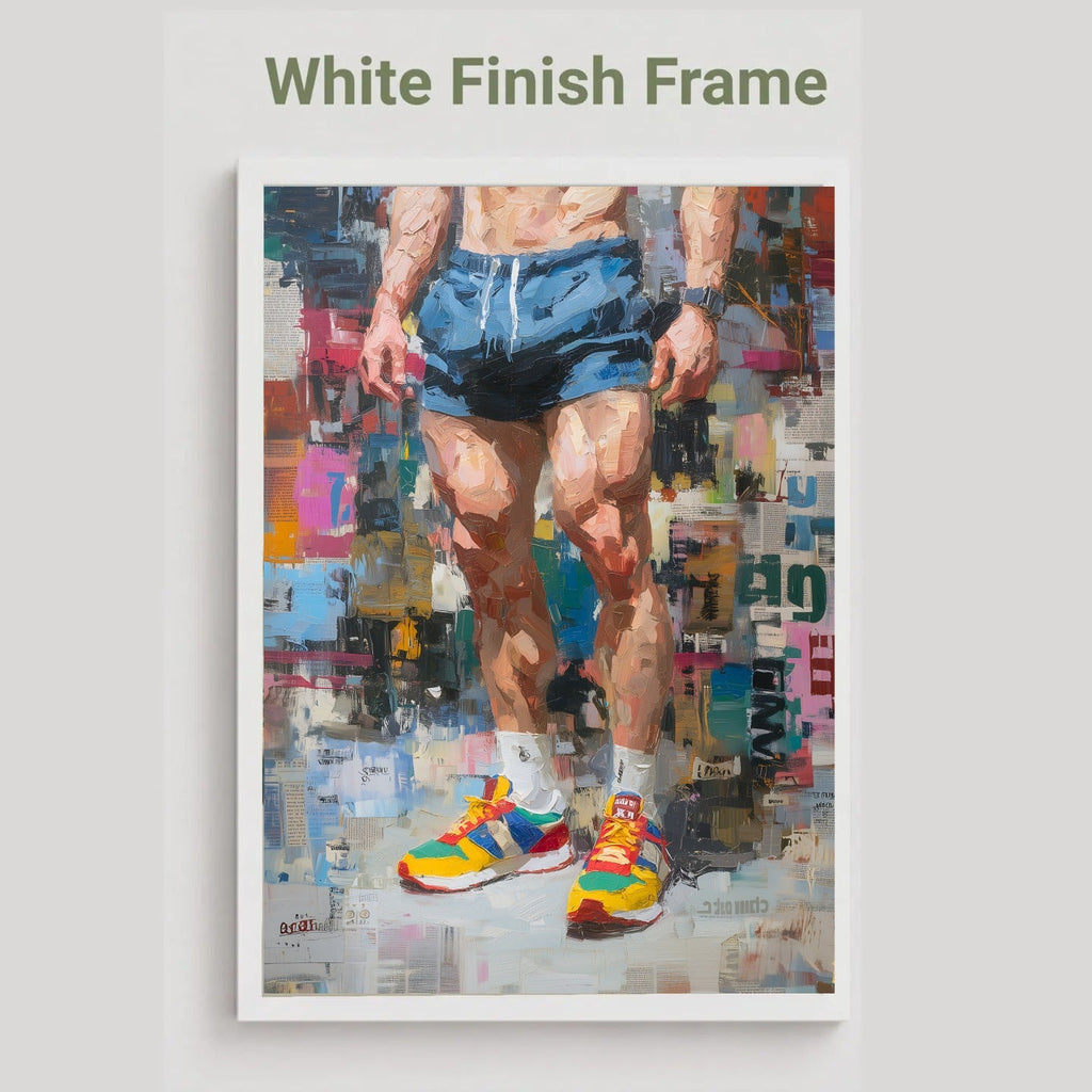Newsprint print in a white frame finish, labelled White Finish Frame, showing an athlete in blue running shorts and bright trainers against a newspaper collage background.
