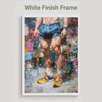 Newsprint print in a white frame finish, labelled White Finish Frame, showing an athlete in blue running shorts and bright trainers against a newspaper collage background.