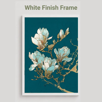 A framed floral art print featuring light blue and white magnolia blossoms on a dark teal background, shown with a white frame and the text 'White Finish Frame' above it.