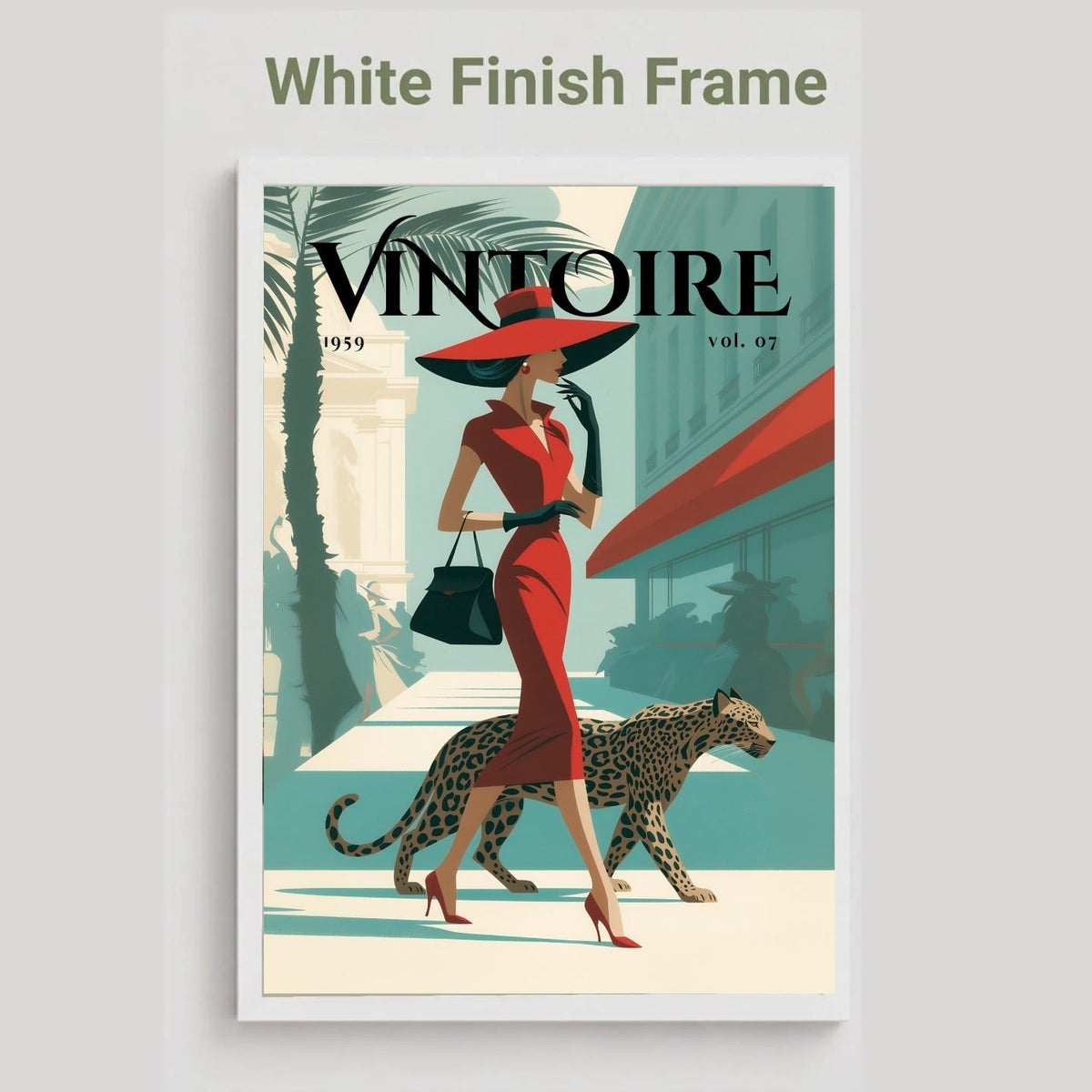 A framed vintage-style poster or print featuring a woman in a red dress and hat walking with a leopard, with the title 'VINTOIRE' across the top. The image is shown with a white finish frame and the text 'White Finish Frame' above it on a light gray background.