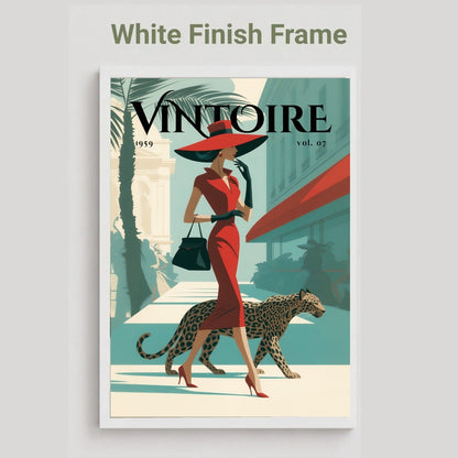 A framed vintage-style poster or print featuring a woman in a red dress and hat walking with a leopard, with the title 'VINTOIRE' across the top. The image is shown with a white finish frame and the text 'White Finish Frame' above it on a light gray background.