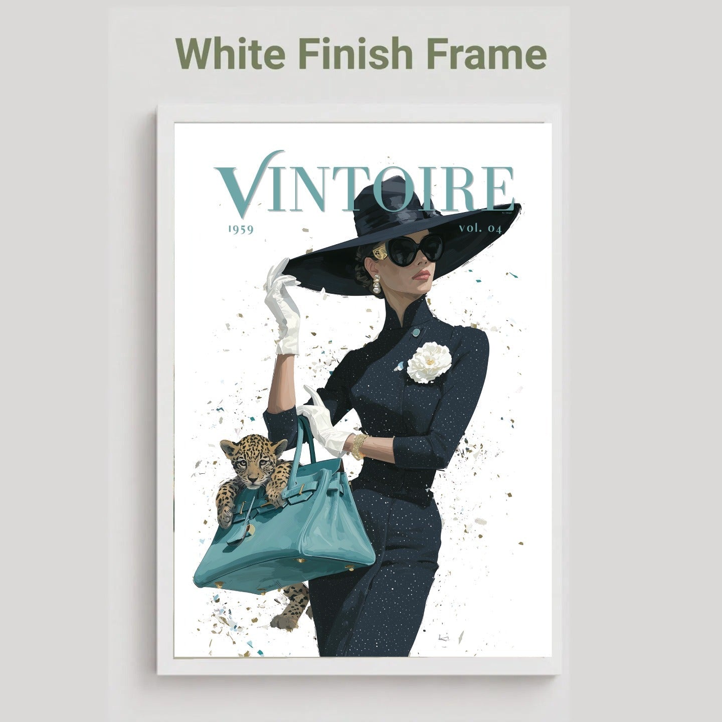 A framed art print featuring a vintage fashion illustration of a woman in a black outfit and wide-brimmed hat, holding a teal handbag with a leopard cub, displayed on a light gray background with the text 'White Finish Frame' above it.