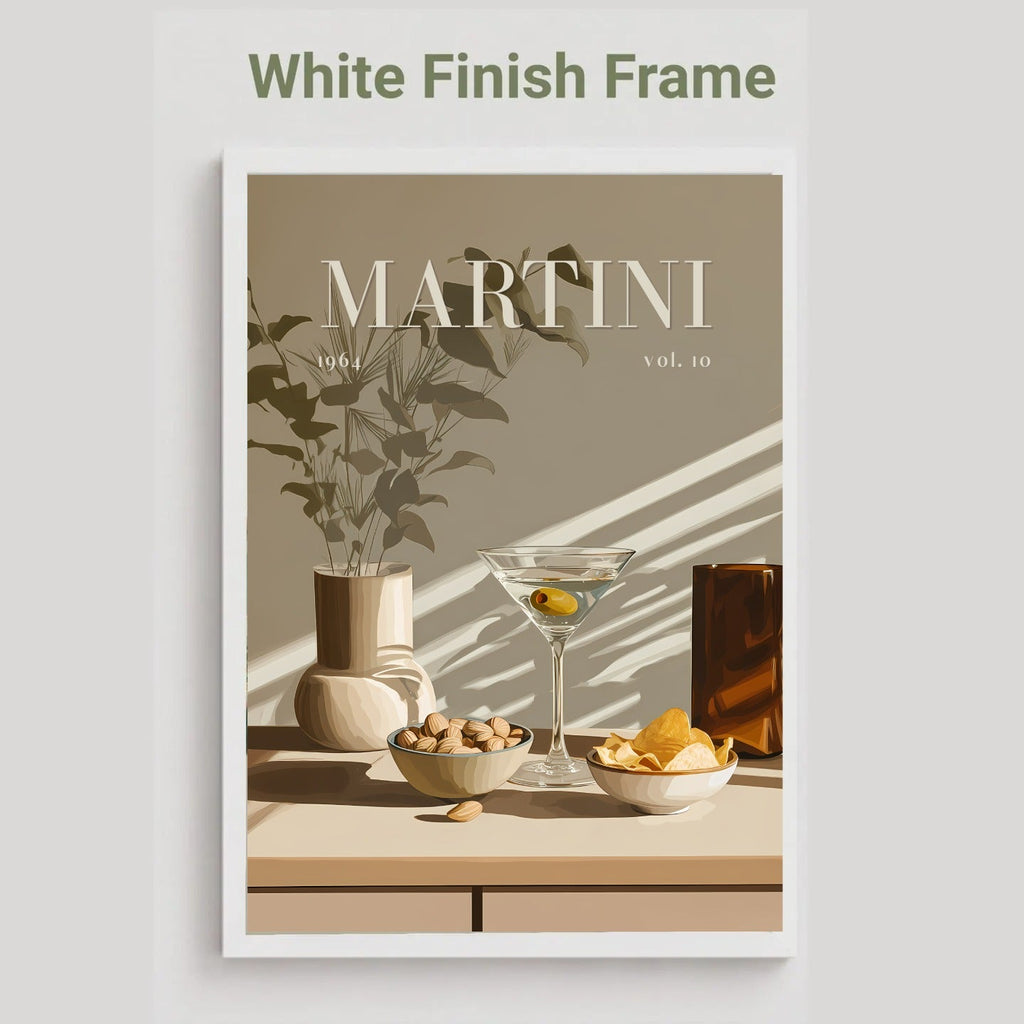 A framed art print featuring a minimalist still life of a martini glass, bowls of snacks, and a vase with leaves under diagonal shadows. The print is presented in a white frame against a light gray background, with the text 'White Finish Frame' at the top.