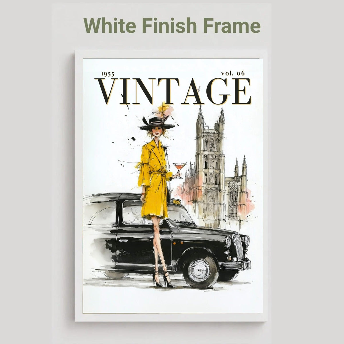 A framed vintage-style art print featuring a woman in a yellow coat and hat standing beside a black car, with the word VINTAGE on the cover. The print is shown in a white frame against a light gray background, with the text 'White Finish Frame' above it.