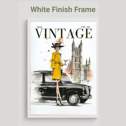 A framed vintage-style art print featuring a woman in a yellow coat and hat standing beside a black car, with the word VINTAGE on the cover. The print is shown in a white frame against a light gray background, with the text 'White Finish Frame' above it.