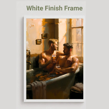 A framed art print featuring a warm-toned painting of two men sitting in a bathtub by a window, shown against a light gray background with the text 'White Finish Frame' above it.