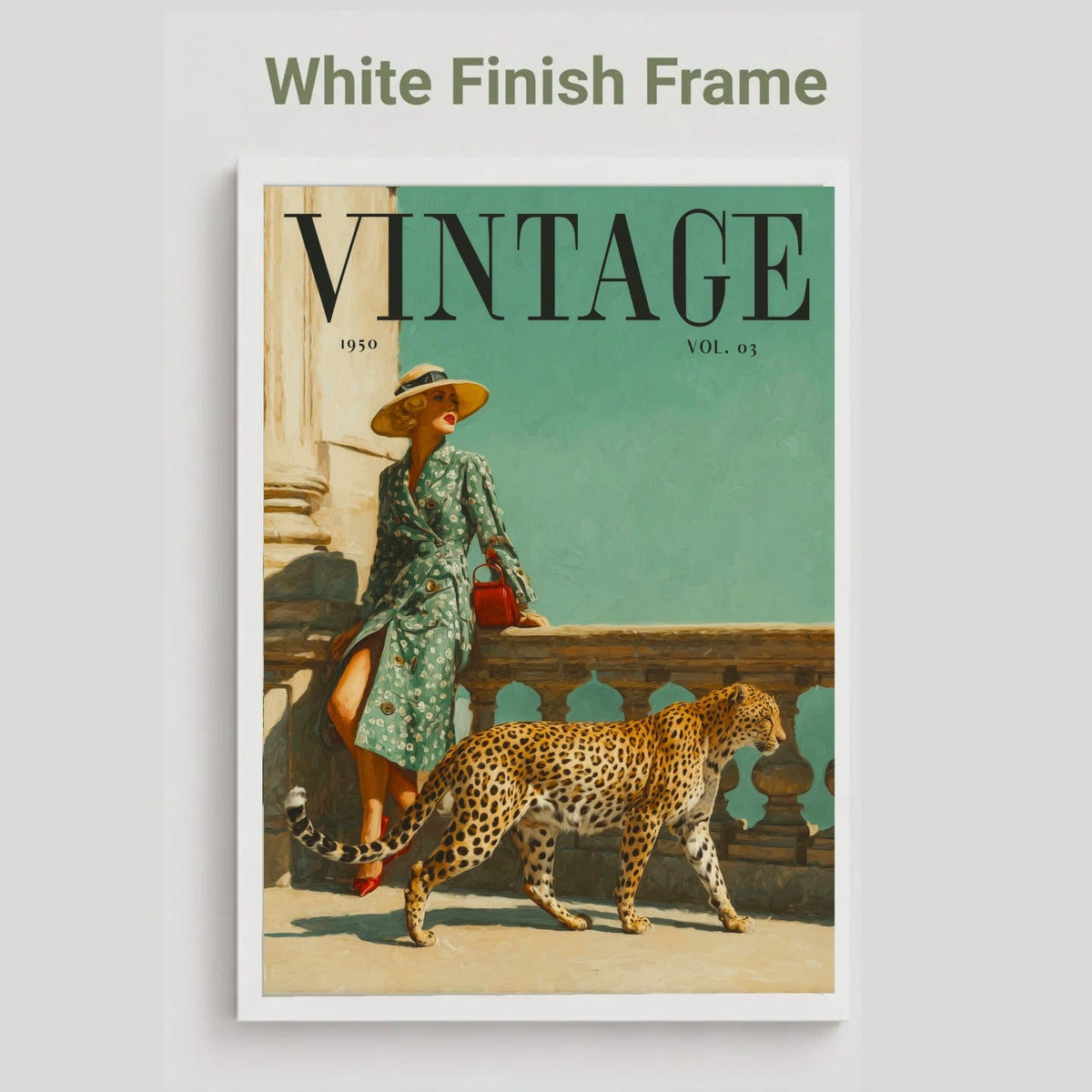 A vintage-style framed poster or print featuring a woman in a green patterned dress standing beside a leopard, with the large word VINTAGE at the top. The frame is white, and the image is shown against a light gray background with the text 'White Finish Frame' above it.