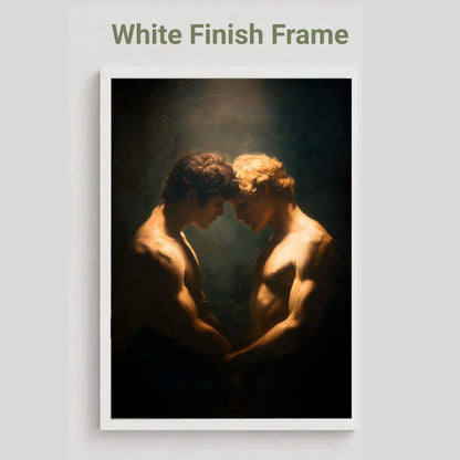 A framed art print featuring a classical-style painting of two muscular men facing each other in dramatic lighting, shown with a white frame on a light gray background. Text at the top reads 'White Finish Frame'.