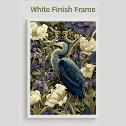A framed art print featuring a blue heron surrounded by white flowers and purple foliage, with the text 'White Finish Frame' above it, shown on a light gray background.