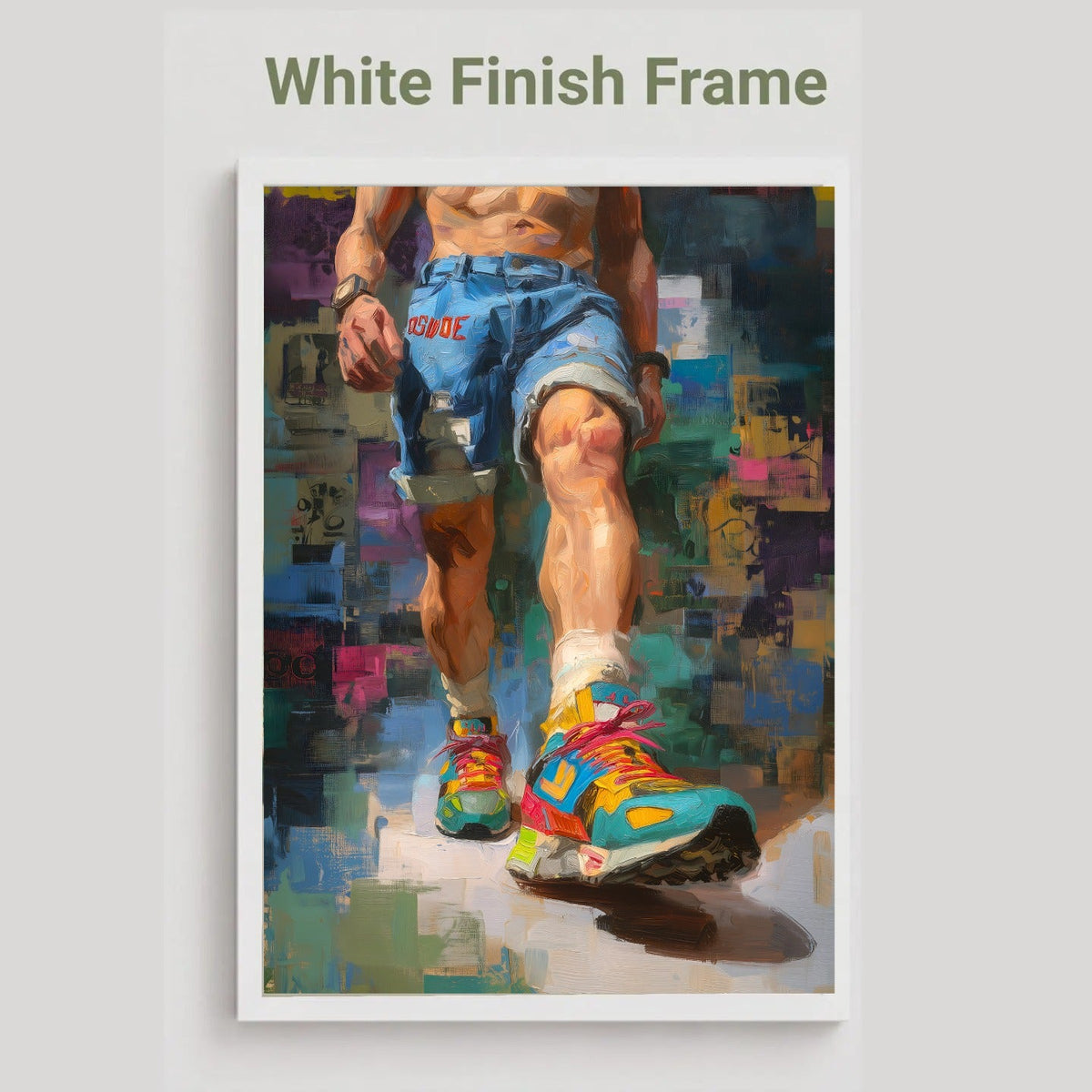 Step Forward gay art print in the white finish frame option, a man striding forward in denim shorts and bright trainers, labelled White Finish Frame