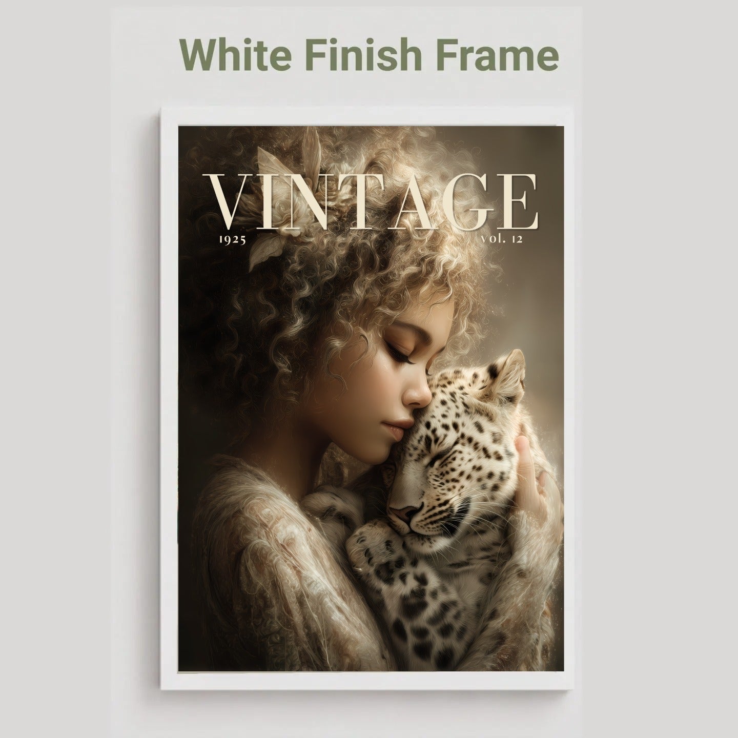 A framed art print featuring a vintage-style portrait of a woman cradling a spotted cat, with the word 'VINTAGE' across the top. The print is shown with a white frame on a light gray background, with the text 'White Finish Frame' above it.