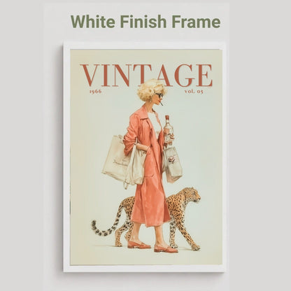 A vintage-style framed poster or magazine cover mockup on a light gray background. The artwork shows a woman in a pink coat walking with a leopard, with the large word 'VINTAGE' at the top.